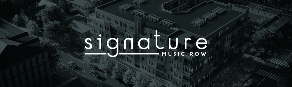 Signature Music Row Logo over black and white exterior property image