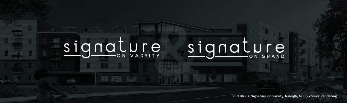 Exterior Rendering of Signature on Varsity, Raleigh, NC with an overlay of both Signature on Varsity and Signature on Grand logos